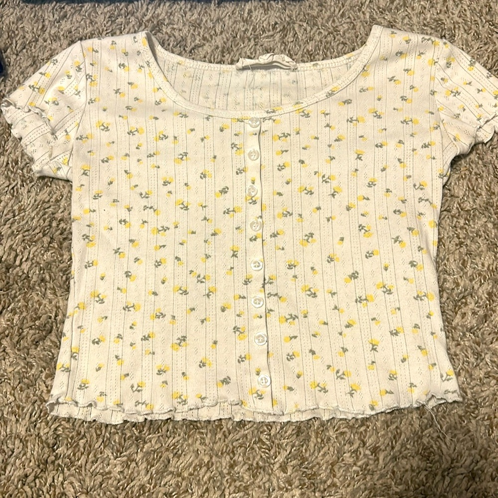 Button down crop top with yellow flower pattern